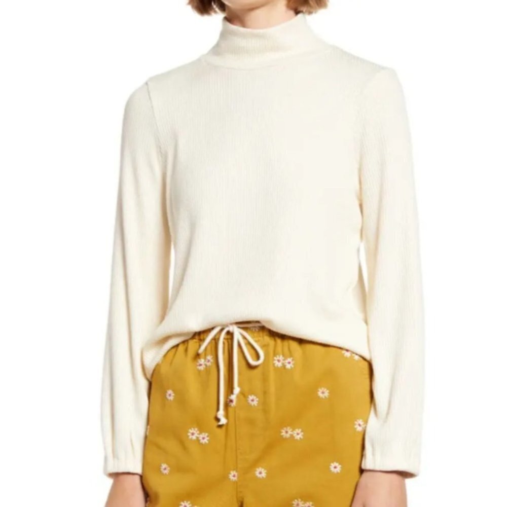 Madewell Offwhite Cream Mock Neck Bubble Sleeve Ribbed Sweater Top size S